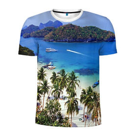 Мужская футболка 3D спортивная с принтом Таиланд в Белгороде, 100% полиэстер с улучшенными характеристиками | приталенный силуэт, круглая горловина, широкие плечи, сужается к линии бедра | beach | clouds | islands | palm trees | people | sand | sea | ships | sky | thailand | tourism | корабли | люди | море | небо | облака | острова | пальмы | песок | пляж | таиланд | туризм