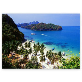 Поздравительная открытка с принтом Таиланд в Белгороде, 100% бумага | плотность бумаги 280 г/м2, матовая, на обратной стороне линовка и место для марки
 | beach | clouds | islands | palm trees | people | sand | sea | ships | sky | thailand | tourism | корабли | люди | море | небо | облака | острова | пальмы | песок | пляж | таиланд | туризм