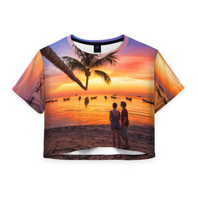 Женская футболка 3D укороченная с принтом Таиланд в Белгороде, 100% полиэстер | круглая горловина, длина футболки до линии талии, рукава с отворотами | beach | clouds | love | palm tree | people | sea | sky | sunset | thailand | tourism | закат | любовь | люди | море | небо | облака | пальма | пляж | таиланд | туризм