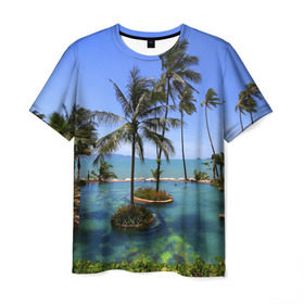 Мужская футболка 3D с принтом Таиланд в Белгороде, 100% полиэфир | прямой крой, круглый вырез горловины, длина до линии бедер | Тематика изображения на принте: clouds | hiking | sea | sky | swimming pool | thailand | trees | бассейн | море | небо | облака | пальмы | таиланд | туризм