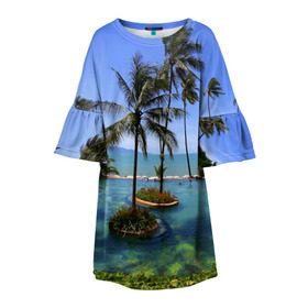 Детское платье 3D с принтом Таиланд в Белгороде, 100% полиэстер | прямой силуэт, чуть расширенный к низу. Круглая горловина, на рукавах — воланы | Тематика изображения на принте: clouds | hiking | sea | sky | swimming pool | thailand | trees | бассейн | море | небо | облака | пальмы | таиланд | туризм