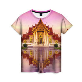 Женская футболка 3D с принтом Таиланд в Белгороде, 100% полиэфир ( синтетическое хлопкоподобное полотно) | прямой крой, круглый вырез горловины, длина до линии бедер | landmark | reflection | temple | thailand | tourism | water | вода | достопримечательность | отражение | таиланд | туризм | храм