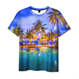 Мужская футболка 3D с принтом Таиланд в Белгороде, 100% полиэфир | прямой крой, круглый вырез горловины, длина до линии бедер | clouds | pool | reflection | sea | sky | sunset | thailand | tourism | trees | water | бассейн | вода | закат | море | небо | облака | отражение | пальмы | таиланд | туризм