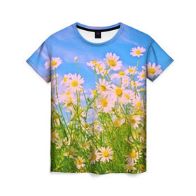 Женская футболка 3D с принтом Ромашка в Белгороде, 100% полиэфир ( синтетическое хлопкоподобное полотно) | прямой крой, круглый вырез горловины, длина до линии бедер | flower | лето | полевой цветок | цветочки | цветы