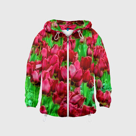 Детская ветровка 3D с принтом Поле цветов в Белгороде, 100% полиэстер | подол и капюшон оформлены резинкой с фиксаторами, по бокам два кармана без застежек, один потайной карман на груди | flower | весна | красные | цветочки | цветы