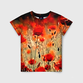 Детская футболка 3D с принтом Маковое поле в Белгороде, 100% гипоаллергенный полиэфир | прямой крой, круглый вырез горловины, длина до линии бедер, чуть спущенное плечо, ткань немного тянется | Тематика изображения на принте: flower | красные | лето | поле | полевой цветок | цветочки | цветы
