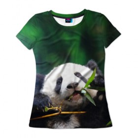 Женская футболка 3D с принтом Панда на ветке в Белгороде, 100% полиэфир ( синтетическое хлопкоподобное полотно) | прямой крой, круглый вырез горловины, длина до линии бедер | животные | лес | медведь | медвежонок | панда | природа
