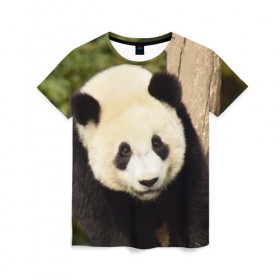 Женская футболка 3D с принтом Панда на дереве в Белгороде, 100% полиэфир ( синтетическое хлопкоподобное полотно) | прямой крой, круглый вырез горловины, длина до линии бедер | животные | лес | медведь | медвежонок | панда | природа