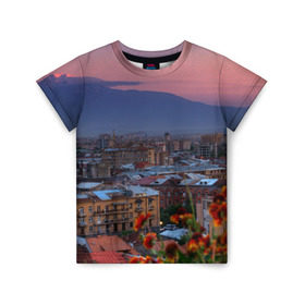 Детская футболка 3D с принтом Армения в Белгороде, 100% гипоаллергенный полиэфир | прямой крой, круглый вырез горловины, длина до линии бедер, чуть спущенное плечо, ткань немного тянется | айастан | армения | город | горы | дома | ереван | закат | пейзаж | ромашки | столица | страна | флора | хайастан | цветы | эривань