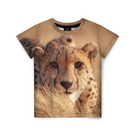 Детская футболка 3D с принтом Гепард в Белгороде, 100% гипоаллергенный полиэфир | прямой крой, круглый вырез горловины, длина до линии бедер, чуть спущенное плечо, ткань немного тянется | амурский | гепард | животные | зверь | киса | кот | котенок | кошка | лев | леопард | пума | рысь | серый | тигр | тигренок | хищник