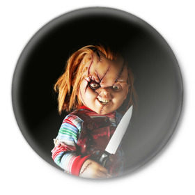 Значок с принтом Чаки в Белгороде,  металл | круглая форма, металлическая застежка в виде булавки | chucky | кино | кровь | кукла | нож | ужасы | чаки