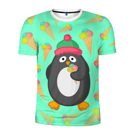 Мужская футболка 3D спортивная с принтом Пингвин с мороженым в Белгороде, 100% полиэстер с улучшенными характеристиками | приталенный силуэт, круглая горловина, широкие плечи, сужается к линии бедра | животные | милые животные | мороженое | пингвин | прикольные животные