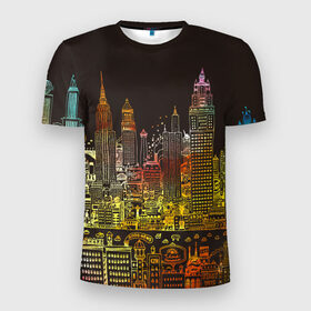 Мужская футболка 3D спортивная с принтом Мегапполис в Белгороде, 100% полиэстер с улучшенными характеристиками | приталенный силуэт, круглая горловина, широкие плечи, сужается к линии бедра | advertising | art | city | drawing | metropolis | night | painting | skyscrapers | город | искусство | картина | мегаполис | ночь | реклама | рисунок