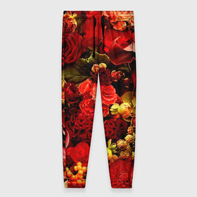 Женские брюки 3D с принтом Букет цветов в Белгороде, полиэстер 100% | прямой крой, два кармана без застежек по бокам, с мягкой трикотажной резинкой на поясе и по низу штанин. В поясе для дополнительного комфорта — широкие завязки | flower | красные | розы | цветочки | цветы