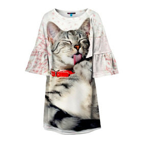 Детское платье 3D с принтом Кошка в Белгороде, 100% полиэстер | прямой силуэт, чуть расширенный к низу. Круглая горловина, на рукавах — воланы | cat | collar | heel | licking | lying | red | striped | кошка | красный | лежит | лижет | ошейник | полосатая | пятка