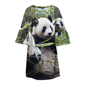 Детское платье 3D с принтом Семейка панд в Белгороде, 100% полиэстер | прямой силуэт, чуть расширенный к низу. Круглая горловина, на рукавах — воланы | Тематика изображения на принте: бамбук | животное | зверь | косолапый | лес | медведи | медведь | миша | мишка | мишутка | млекопитающее | панда | природа | трое