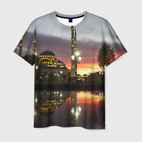 Мужская футболка 3D с принтом Мечеть в Грозном в Белгороде, 100% полиэфир | прямой крой, круглый вырез горловины, длина до линии бедер | Тематика изображения на принте: вода | город | грозный | закат | ичкерия | кааба | мечеть | огни | пейзаж | святилище | столица | фонтан | храм | чечня
