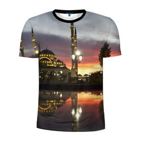 Мужская футболка 3D спортивная с принтом Мечеть в Грозном в Белгороде, 100% полиэстер с улучшенными характеристиками | приталенный силуэт, круглая горловина, широкие плечи, сужается к линии бедра | вода | город | грозный | закат | ичкерия | кааба | мечеть | огни | пейзаж | святилище | столица | фонтан | храм | чечня