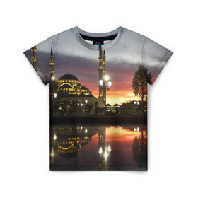 Детская футболка 3D с принтом Мечеть в Грозном в Белгороде, 100% гипоаллергенный полиэфир | прямой крой, круглый вырез горловины, длина до линии бедер, чуть спущенное плечо, ткань немного тянется | вода | город | грозный | закат | ичкерия | кааба | мечеть | огни | пейзаж | святилище | столица | фонтан | храм | чечня