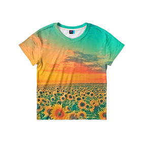 Детская футболка 3D с принтом Подсолнух в Белгороде, 100% гипоаллергенный полиэфир | прямой крой, круглый вырез горловины, длина до линии бедер, чуть спущенное плечо, ткань немного тянется | flower | лето | поле | полевой цветок | природа | цветочки | цветы