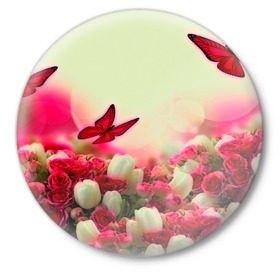 Значок с принтом Весна и бабочки в Белгороде,  металл | круглая форма, металлическая застежка в виде булавки | Тематика изображения на принте: flower | цветы