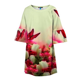Детское платье 3D с принтом Весна и бабочки в Белгороде, 100% полиэстер | прямой силуэт, чуть расширенный к низу. Круглая горловина, на рукавах — воланы | Тематика изображения на принте: flower | цветы