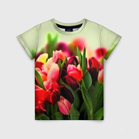 Детская футболка 3D с принтом Букет тюльпанов в Белгороде, 100% гипоаллергенный полиэфир | прямой крой, круглый вырез горловины, длина до линии бедер, чуть спущенное плечо, ткань немного тянется | flower | весна | цветочки | цветы