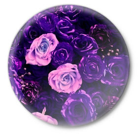 Значок с принтом Фиолетовые розы в Белгороде,  металл | круглая форма, металлическая застежка в виде булавки | Тематика изображения на принте: flower | прикцветочки | розы | цветы