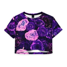 Женская футболка 3D укороченная с принтом Фиолетовые розы в Белгороде, 100% полиэстер | круглая горловина, длина футболки до линии талии, рукава с отворотами | Тематика изображения на принте: flower | прикцветочки | розы | цветы