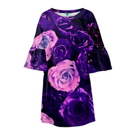 Детское платье 3D с принтом Фиолетовые розы в Белгороде, 100% полиэстер | прямой силуэт, чуть расширенный к низу. Круглая горловина, на рукавах — воланы | flower | прикцветочки | розы | цветы
