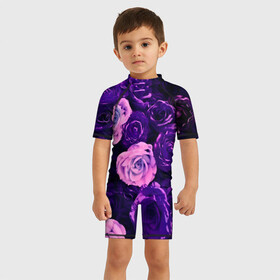 Детский купальный костюм 3D с принтом Фиолетовые розы в Белгороде, Полиэстер 85%, Спандекс 15% | застежка на молнии на спине | flower | прикцветочки | розы | цветы