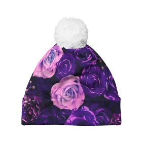 Шапка 3D c помпоном с принтом Фиолетовые розы в Белгороде, 100% полиэстер | универсальный размер, печать по всей поверхности изделия | flower | прикцветочки | розы | цветы