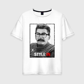 Женская футболка хлопок Oversize с принтом Style in в Белгороде, 100% хлопок | свободный крой, круглый ворот, спущенный рукав, длина до линии бедер
 | stalin | сталин