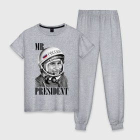 Женская пижама хлопок с принтом Mr President космонавт в Белгороде, 100% хлопок | брюки и футболка прямого кроя, без карманов, на брюках мягкая резинка на поясе и по низу штанин | 