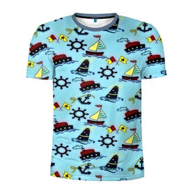 Мужская футболка 3D спортивная с принтом Кораблик в Белгороде, 100% полиэстер с улучшенными характеристиками | приталенный силуэт, круглая горловина, широкие плечи, сужается к линии бедра | navy blue | абстракции | белый | брызги | волны | дельфин | кораблик | красный | маяк | минимализм | морская тема | спасательный круг | темно синий | якорь