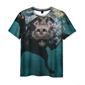 Мужская футболка 3D с принтом Пес дайвер в Белгороде, 100% полиэфир | прямой крой, круглый вырез горловины, длина до линии бедер | вода | гребет | дайвер | животное | купается | лапы | нос | пес | плавец | плывет | под водой | прикольный | пузыри | смешной | собака | щенок
