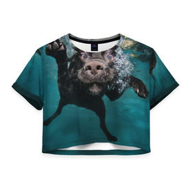 Женская футболка 3D укороченная с принтом Пес дайвер в Белгороде, 100% полиэстер | круглая горловина, длина футболки до линии талии, рукава с отворотами | вода | гребет | дайвер | животное | купается | лапы | нос | пес | плавец | плывет | под водой | прикольный | пузыри | смешной | собака | щенок