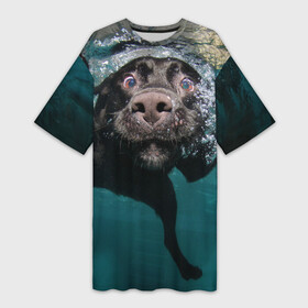 Платье-футболка 3D с принтом Пес дайвер в Белгороде,  |  | вода | гребет | дайвер | животное | купается | лапы | нос | пес | плавец | плывет | под водой | прикольный | пузыри | смешной | собака | щенок