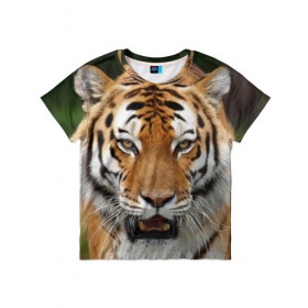 Детская футболка 3D с принтом Тигр в Белгороде, 100% гипоаллергенный полиэфир | прямой крой, круглый вырез горловины, длина до линии бедер, чуть спущенное плечо, ткань немного тянется | Тематика изображения на принте: дикая кошка | клыки | кошка | пасть | сафари | тигр | хищник