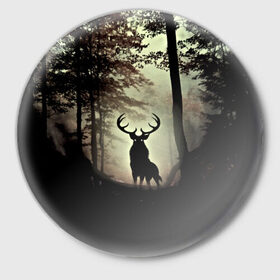 Значок с принтом Олень в Белгороде,  металл | круглая форма, металлическая застежка в виде булавки | деревья | императорский красный олень | лес | олень | природа | рога