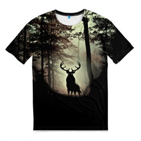 Мужская футболка 3D с принтом Олень в Белгороде, 100% полиэфир | прямой крой, круглый вырез горловины, длина до линии бедер | деревья | императорский красный олень | лес | олень | природа | рога