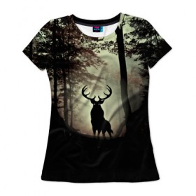 Женская футболка 3D с принтом Олень в Белгороде, 100% полиэфир ( синтетическое хлопкоподобное полотно) | прямой крой, круглый вырез горловины, длина до линии бедер | деревья | императорский красный олень | лес | олень | природа | рога