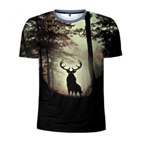 Мужская футболка 3D спортивная с принтом Олень в Белгороде, 100% полиэстер с улучшенными характеристиками | приталенный силуэт, круглая горловина, широкие плечи, сужается к линии бедра | деревья | императорский красный олень | лес | олень | природа | рога