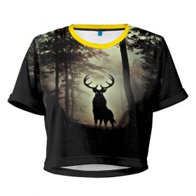 Женская футболка 3D укороченная с принтом Олень в Белгороде, 100% полиэстер | круглая горловина, длина футболки до линии талии, рукава с отворотами | деревья | императорский красный олень | лес | олень | природа | рога