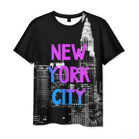 Мужская футболка 3D с принтом Нью-Йорк в Белгороде, 100% полиэфир | прямой крой, круглый вырез горловины, длина до линии бедер | america | capital | city | lights | new york | night | skyscrapers | tourism | usa | америка | город | ночь | нью йорк | огни | столица | сша | туризм