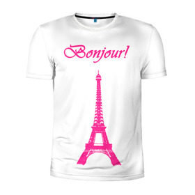 Мужская футболка 3D спортивная с принтом Bonjour в Белгороде, 100% полиэстер с улучшенными характеристиками | приталенный силуэт, круглая горловина, широкие плечи, сужается к линии бедра | Тематика изображения на принте: bonjour | france | hi | paris | the eiffel tower | tourism | башня | париж | привет | туризм | франция | эйфелева