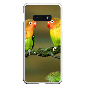 Чехол для Samsung S10E с принтом Попугаи в Белгороде, Силикон | Область печати: задняя сторона чехла, без боковых панелей | двое | классный | клюв | красивый | крылья | попугай | попугайчик | птица | птичка | радужный
