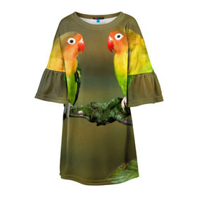 Детское платье 3D с принтом Попугаи в Белгороде, 100% полиэстер | прямой силуэт, чуть расширенный к низу. Круглая горловина, на рукавах — воланы | двое | классный | клюв | красивый | крылья | попугай | попугайчик | птица | птичка | радужный