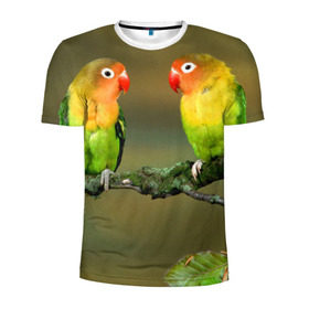 Мужская футболка 3D спортивная с принтом Попугаи в Белгороде, 100% полиэстер с улучшенными характеристиками | приталенный силуэт, круглая горловина, широкие плечи, сужается к линии бедра | двое | классный | клюв | красивый | крылья | попугай | попугайчик | птица | птичка | радужный