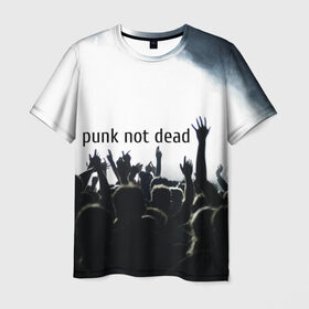 Мужская футболка 3D с принтом Punk not dead в Белгороде, 100% полиэфир | прямой крой, круглый вырез горловины, длина до линии бедер | Тематика изображения на принте: punk not dead | бит | группа | драйв | дым | зал | концерт | музыка | надпись | панк | панк не умрет | панки | рок | слова | танцы | туман | тусовка | фраза | хой